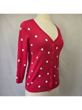 Talbots Polka Dot Button-Down Cardigan Sweater 3/4 Sleeves Fuchsia Size Small